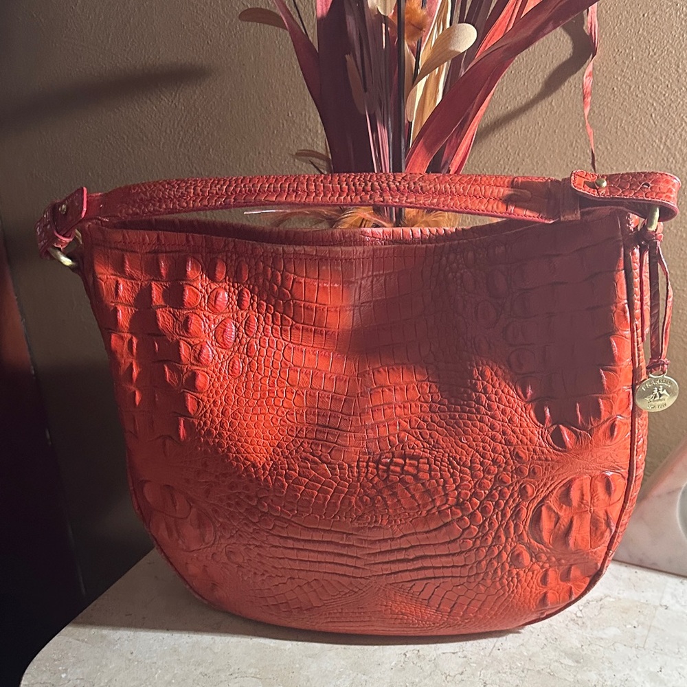 Vibrant Orange Crocodile-Embossed Hobo Bag by BRAHMIN